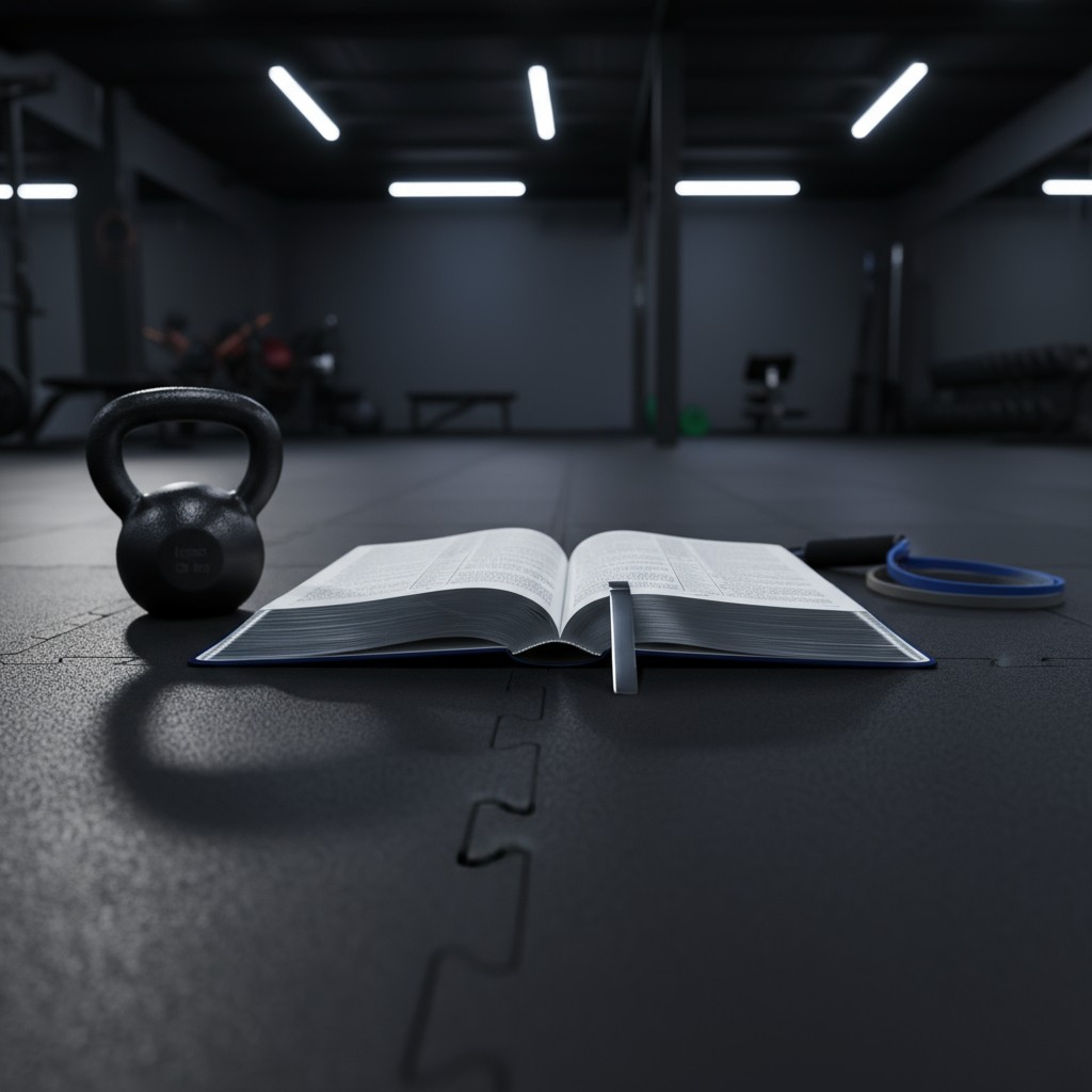 Image of a gym setting with workout equipment and a Bible open in the center, possibly the image depicts a cross training ...